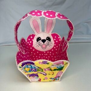Hand Crafted Easter Basket Bunny Embroidered with Gnomes Pink White Polka Dots